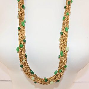 UNIQUE Vintage Gold Braided Cording Necklace with Green Peking Glass Beads